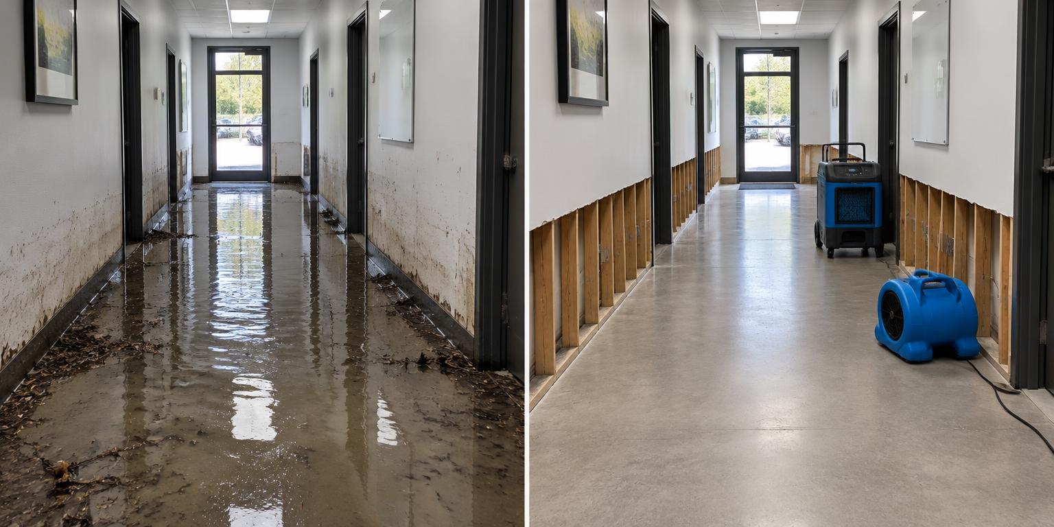 Illustrative before and after: Flood cleanup and drying